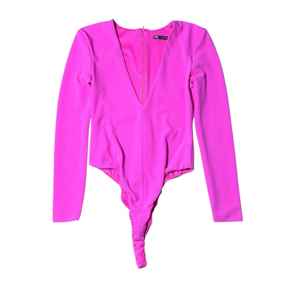 Zara Women Hot Pink Long Sleeve Bodysuit Deep V Neck Size M